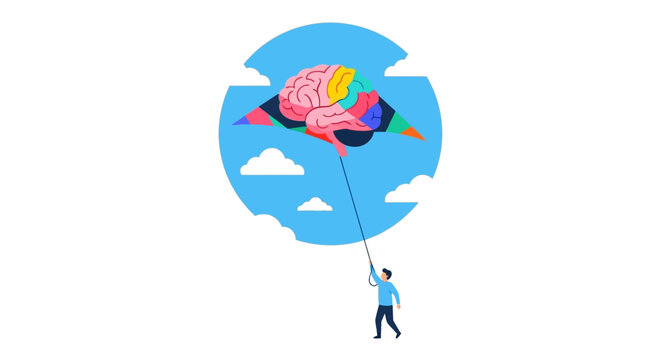 Creative Illustration of a Man Flying a Colorful Brain as a Kite, Concept of Mental Freedom and Imagination