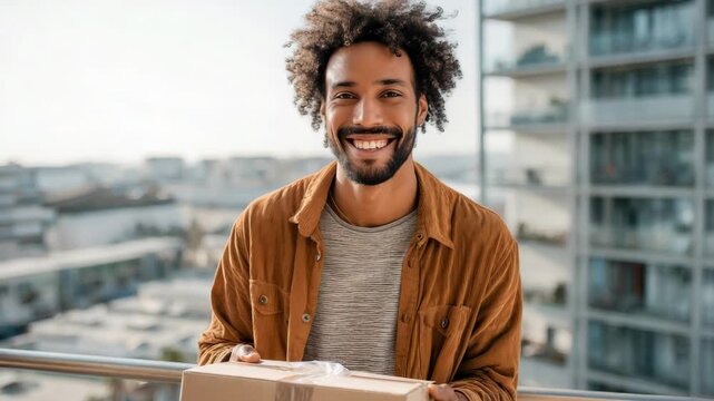 Smiling man holding a package on a balcony with city buildings in the background