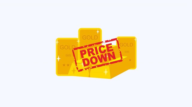 Three gold bars feature a red price down stamp. Ideal for finance, savings, banking, economics, investment, and price reduction concepts.