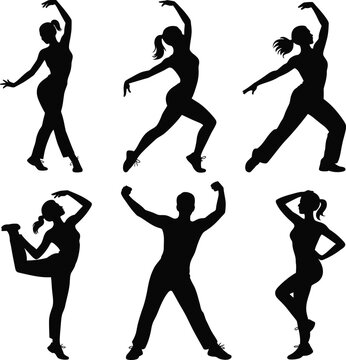 Zumba dance silhouettes set, active fitness women and man dancing, aerobic exercise workout figures, black vector silhouettes of people in motion