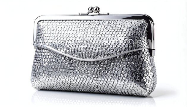 Elegant Silver Clutch Purse with Metallic Finish and Clasp Closure.