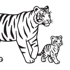 Obraz premium Mother Tiger Walking With Cute Baby Cub Outline Vector Black and White