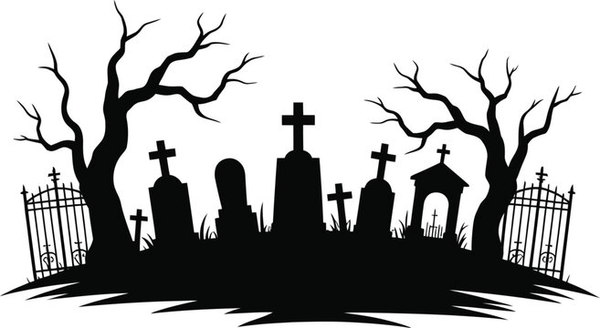 Spooky Halloween graveyard silhouette vector, haunted cemetery landscape with tombstones and dead trees, creepy graveyard scene for holiday posters