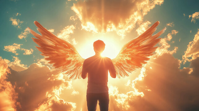 Angel wings in heaven concept art with clouds and sun rays digital painting illustration background 4k