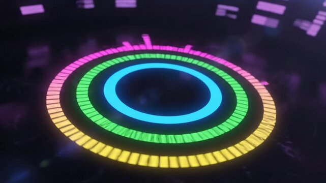Abstract circular equalizer animation with colorful rings and music visualizer elements on dark reflective background