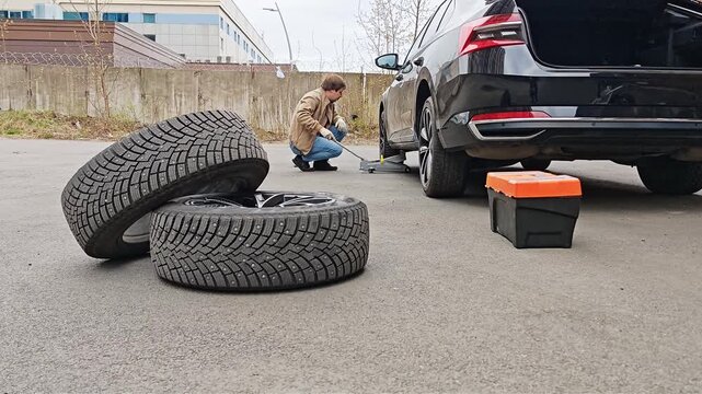 Wide shot of a mechanic changing tires on an SUV. outdoor car service, vehicle maintenance scene, tire swap.