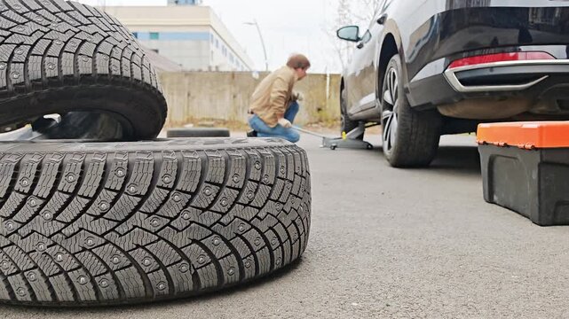 Tires lying on the ground near a car during a tire change. automotive service, seasonal vehicle preparation.