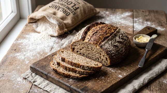 Sliced homemade bread on wooden board rustic style
