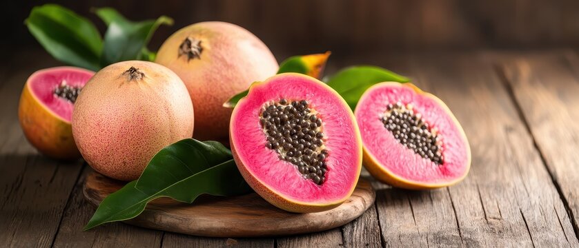 Fresh Pulasan Fruits with Bright Pink Flesh on Wooden Table