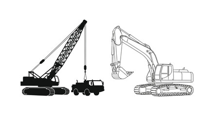 Construction machinery silhouettes including a crane and excavator on a white background silhouette © Obidul