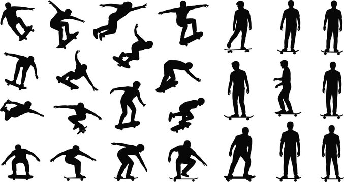Comprehensive skateboarder silhouette set with tricks, jumps, and poses illustrating urban sport and dynamic movement