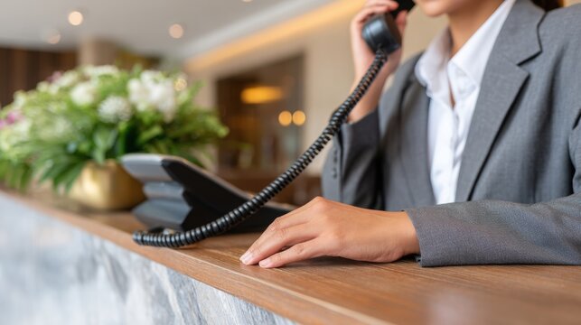 Female receptionist in gray suit answers phone at modern hotel front desk with floral arrangement and contemporary decor in the background