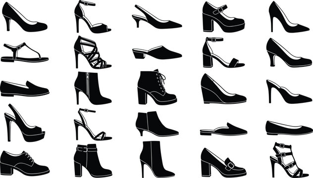 Women shoes silhouettes collection with high heels boots sandals and flats, fashion footwear icons set isolated on white vector illustration
