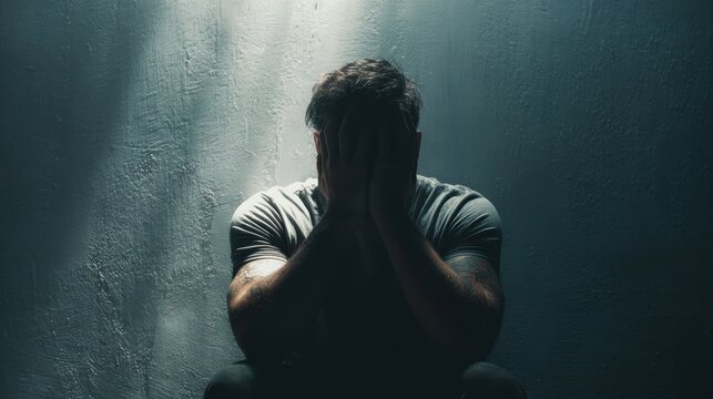 A man sitting in the dark with his head in his hands