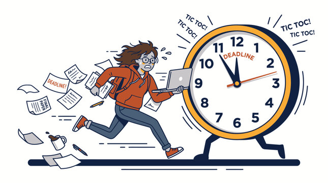 Illustration of a frantic student running with a laptop and papers, with a large clock with legs symbolizing deadline pressure