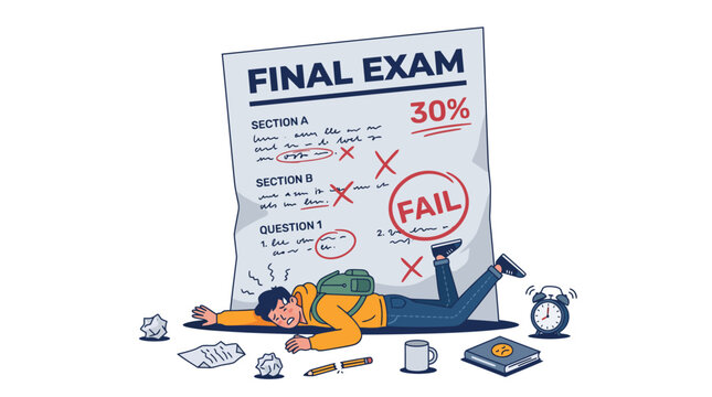 Student experiencing overwhelming stress and disappointment after failing a crucial final exam, reflecting academic pressure, poor grades, and the struggles of study