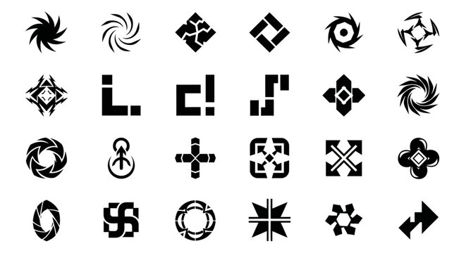 Collection of 25 unique black geometric symbols and logos on white background for design and branding purposes