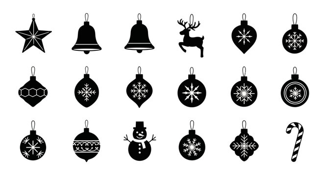Black and white christmas icons including ornaments bells reindeer snowman and candy cane on plain background