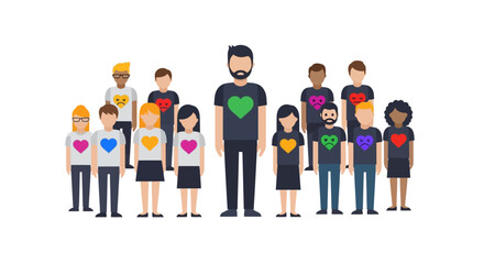 Fototapeta premium Diverse Group of People with Colorful Heart Emoji Icons on T-shirts Vector Illustration Representing Community, Mental Health, and Emotional Intelligence