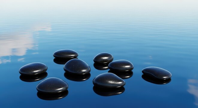 Small smooth black stones resting on a serene water surface with a wide area of empty space ideal for background use and copy placement, balance, concept, still