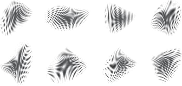 Abstract halftone wave shapes set with futuristic dotted gradient forms. Dynamic geometric elements create optical depth and motion effects. Ideal for tech posters branding backgrounds and modern 
