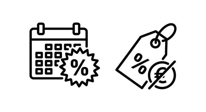 Event and promo discount icons with calendar and tag discount percentage reduction calendar promotion marketing shopping commerce business illustration currency