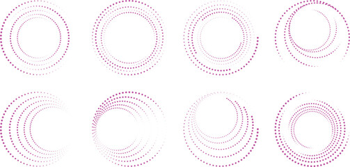 Abstract pink dotted circular frames collection with dynamic radial rings and geometric motion. Modern halftone round borders set for tech branding, digital backgrounds and futuristic design. © Parul