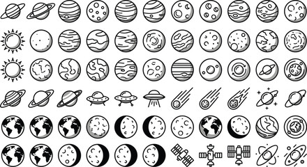 Space icons collection with planets moons satellites and comets, astronomy doodle set of solar system elements vector illustration isolated design © NURUL
