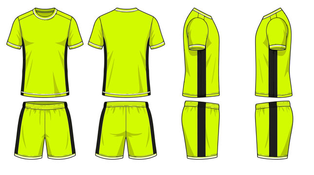 Blank soccer uniform mockup in neon green and black. Vector design template with jersey and shorts for team sportswear, showing front, back and side views