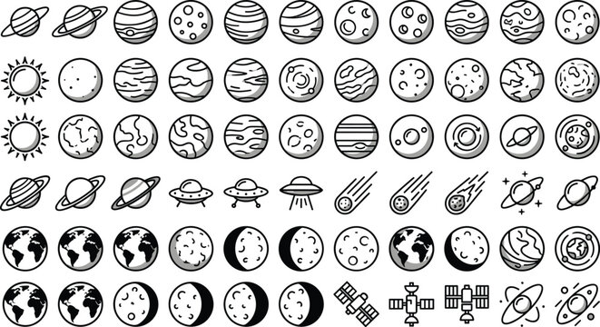 Space icons collection with planets moons satellites and comets, astronomy doodle set of solar system elements vector illustration isolated design