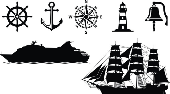 Nautical maritime silhouettes collection with ship anchor compass lighthouse and cruise liner, vintage sea navigation elements vector illustration isolated set