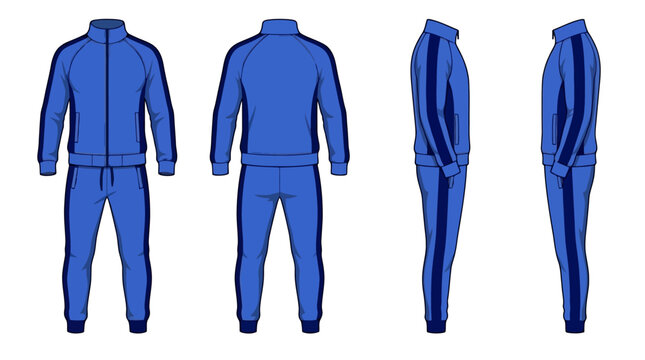 Blank tracksuit uniform mockup in blue and navy. Vector design template with jacket and pants for team sportswear, showing front, back and side views