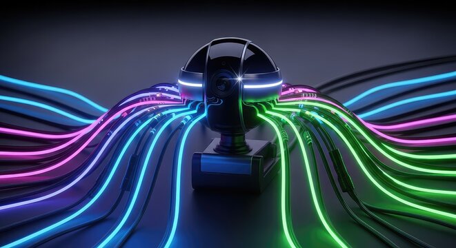Vibrant digital art featuring spiraling neon cables and a sleek webcam, capturing the essence of creative technology and modern design, art, color, network