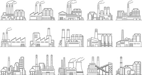 Fototapeta premium Industrial factory buildings icons set with plants refineries warehouses chimneys and manufacturing facilities outline vector illustration collection
