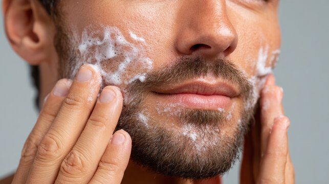 Male model with facial hair applying cleansing foam to his beard while looking into the camera, showcasing skincare routine and grooming habits in a neutral background