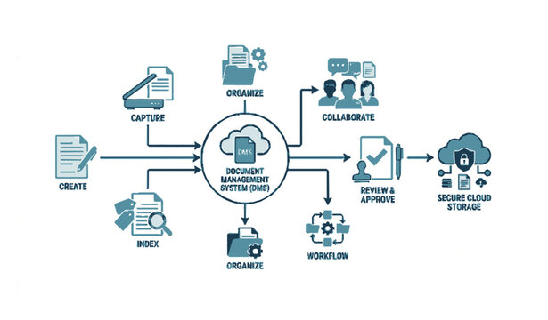 Digital document workflow automation with virtual interface flat vector illustration business technology concept