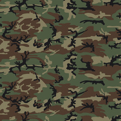 Classic woodland camouflage seamless pattern for textile print for fabric and wallpaper, military army camo background for outdoor and tactical designs © motifs_20