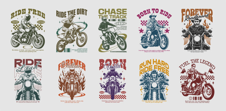 Motorcycle t-shirt design bundle, retro vintage t shirt design collection, t-shirt design vector for print, Motorcycle old style badge, monochrome logo design vector illustration. quotes for t shirt