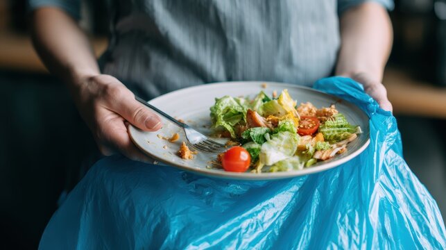 Person holding a plate of leftover salad over a blue plastic trash bag