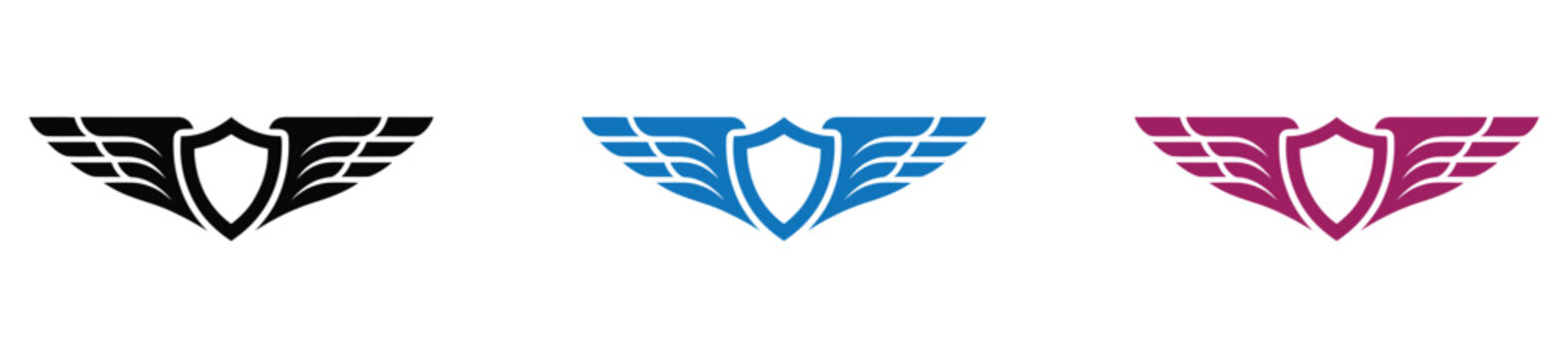 set of three minimalist wing badges in black blue and pink vector icons
