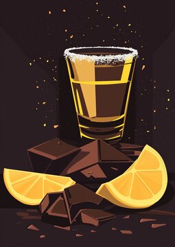 Illustrated tequila shot glass with salt rim, dark chocolate chunks and lemon slices on dark background