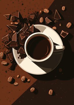 Illustrated top view of black coffee cup surrounded by chocolate chunks and coffee beans
