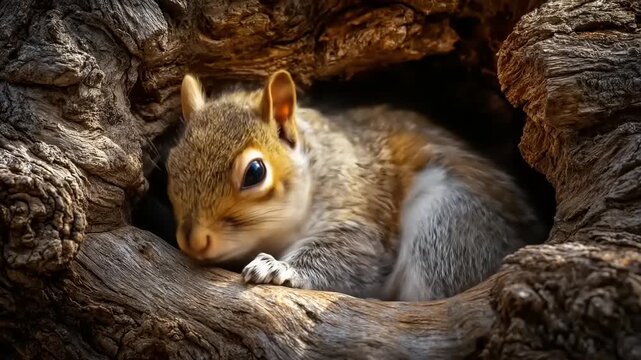 Resting squirrel in tree hollow close up wildlife and nature