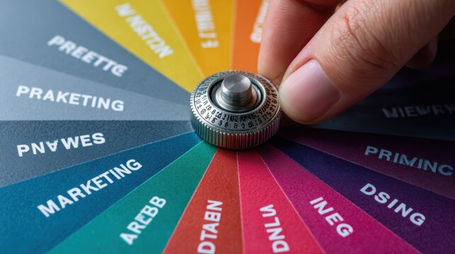 Closeup of a hand turning a metallic dial on a colorful segmented business strategy wheel
