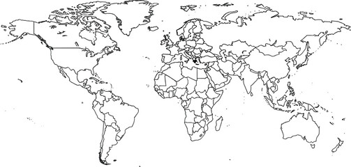 World Map Line Drawing with Country Borders, Showing Global Geographic Layout © NURUL