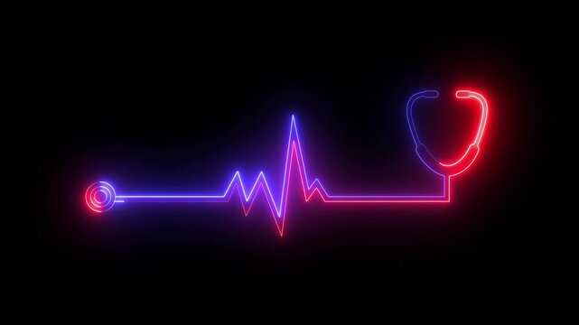 glowing neon stethoscope heartbeat icon isolated on black background. Suitable for medical healthcare monitoring concept. 4k video animation.