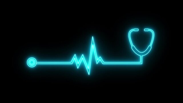 glowing neon stethoscope heartbeat icon isolated on black background. Suitable for medical healthcare monitoring concept. 4k video animation.