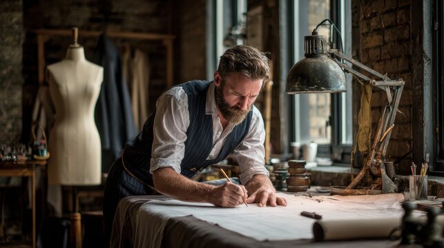 A skilled tailor with a beard sketching a pattern on fabric in a rustic, vintagestyle workshop with a dress form and industrial lamp