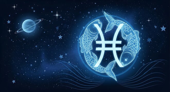 Glowing Pisces symbol and two fish against starry cosmos with ringed planet