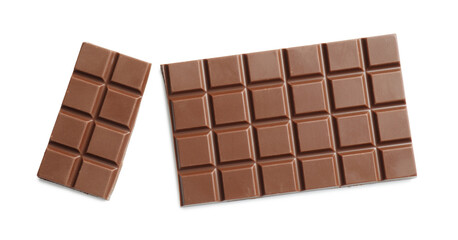 Fototapeta premium Pieces of tasty chocolate bar isolated on white, top view